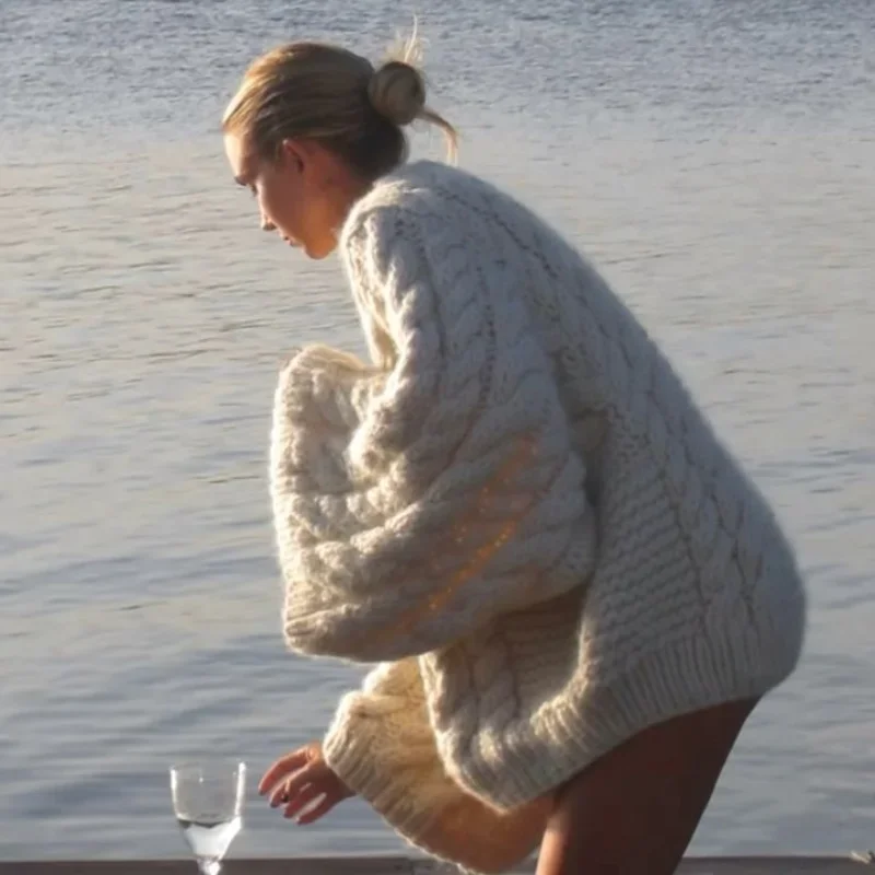 Knit Oversize High Neck Jumper Sweater Women Lazy Round Neck Ribbed Pullover Female Autumn Winter Thick Warm Lady Knitwear