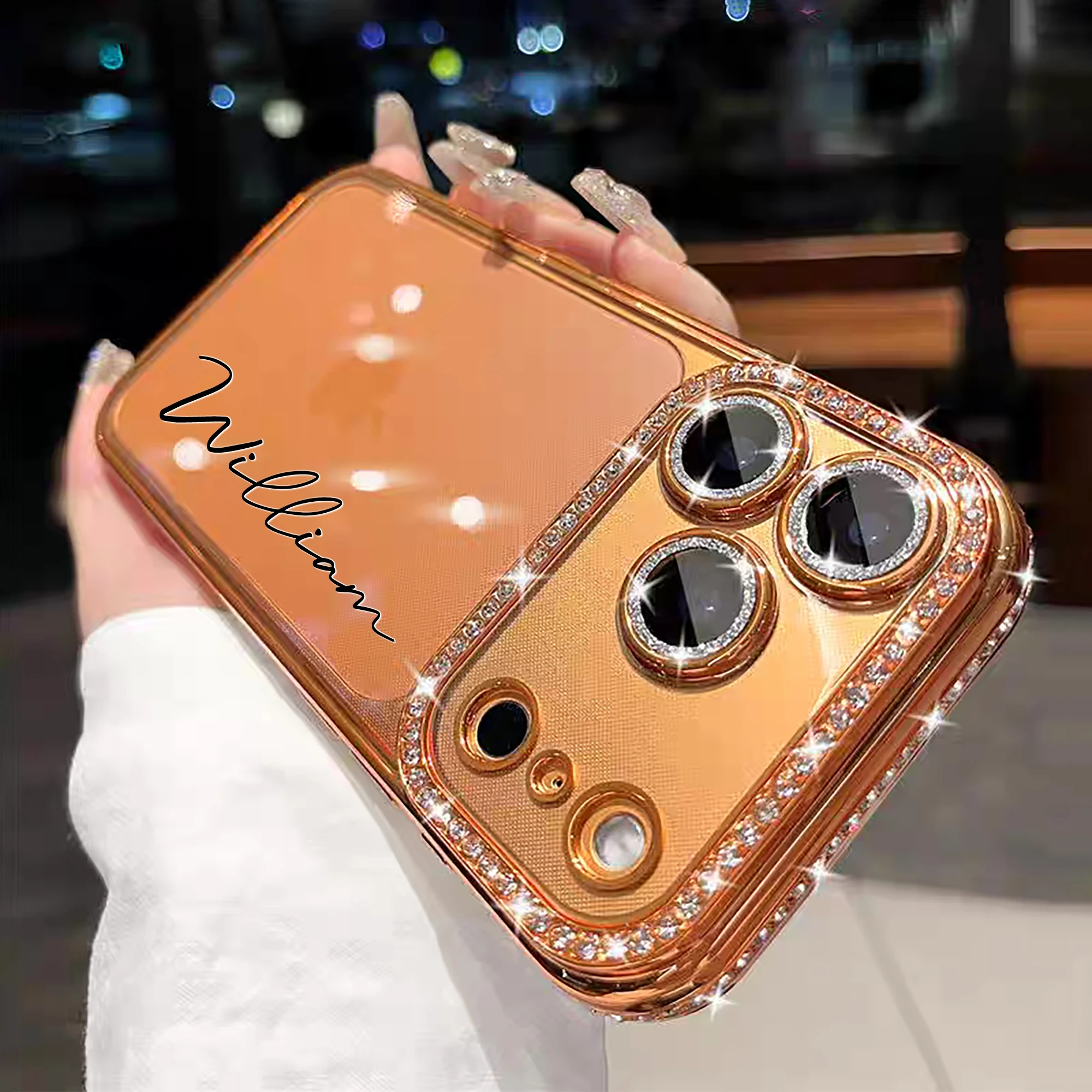 Custom Letters Name Starry Orange Rhinestone Glitter Frame Transparent Phone thumbnail 3
