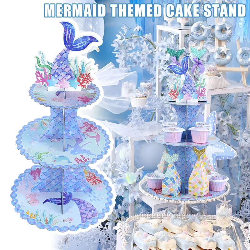 

1piece Three Layer Cartoon Mermaid Cake Display Stand Marine Animal Theme Party Birthday Baby Shower Dessert Table Accessories