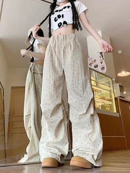زهرة طباعة عالية الخصر فضفاضة حجم كبير السراويل البضائع عادية الأمريكية خمر المرأة السراويل المتضخم Y2K الشارع الشهير بنطلون طويل 5