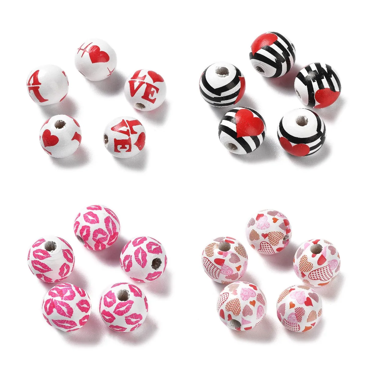 200pcs Valentine's Day Theme Wood Beads Heart Shape Printed  Round Wooden Loose Beads for DIY Jewerly Accessories Decorate