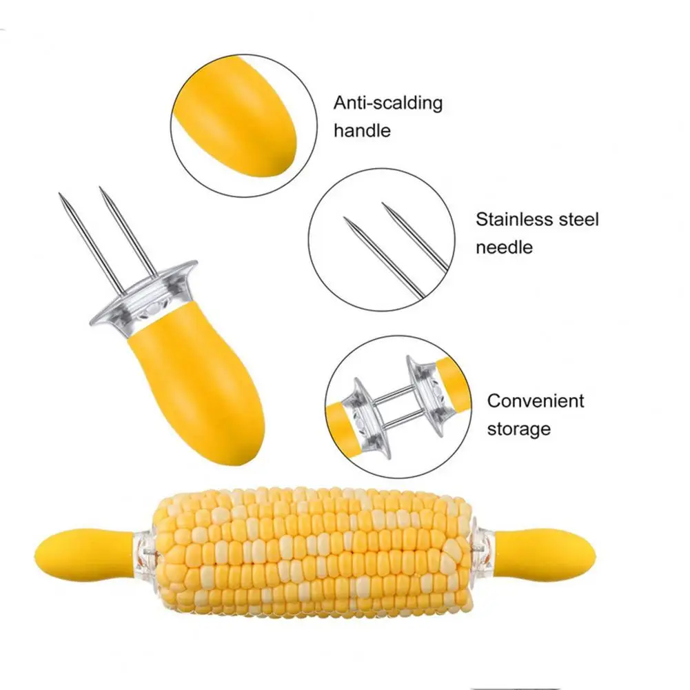 Transparent Corn Trays Fork Corn Skewer Stainless Steel Holders On The Cob Skewers Fruit Forks Outdoor Barbecue Tool