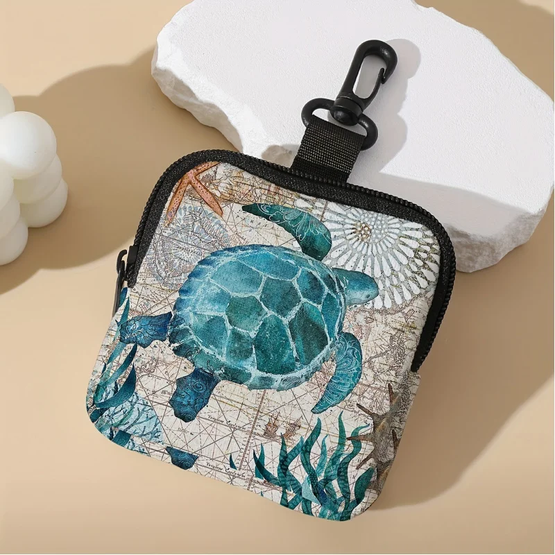 Turtle Print Coin Purse Artificial Leather Colorful Zipper Storage Pouch Multifunctional Mini Earphone Bag