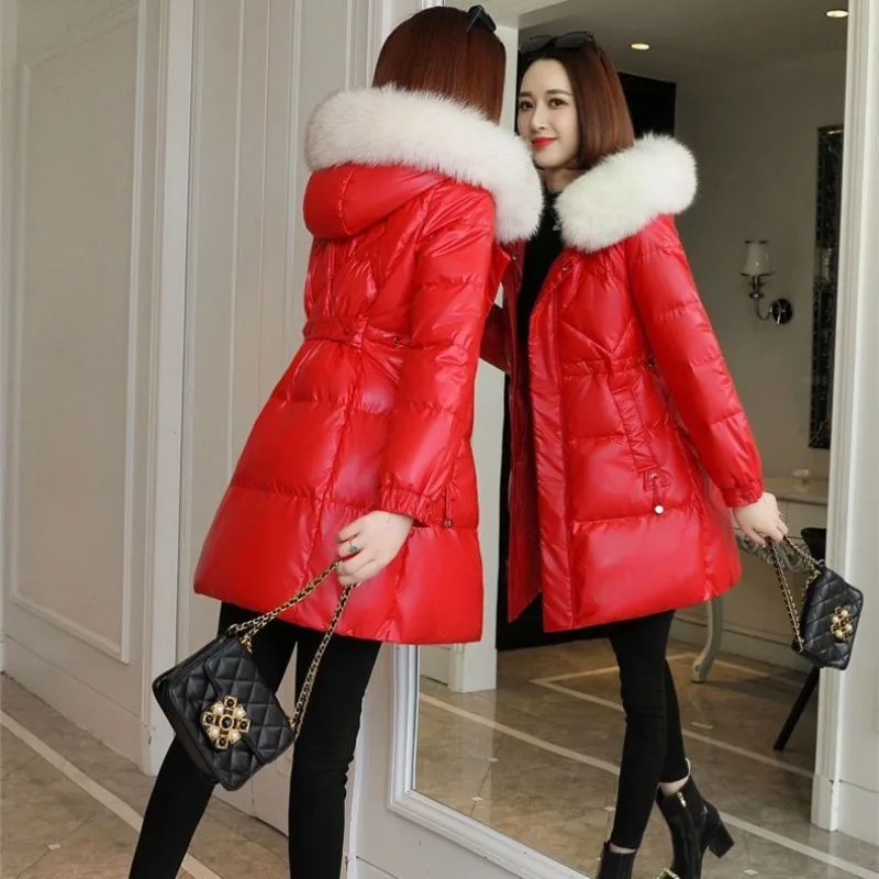 

2024 New Women Down Cotton Coat Winter Jacket Slimming Hooded Parkas Bright Face No Wash Outwear Mid Length Thick Overcoat