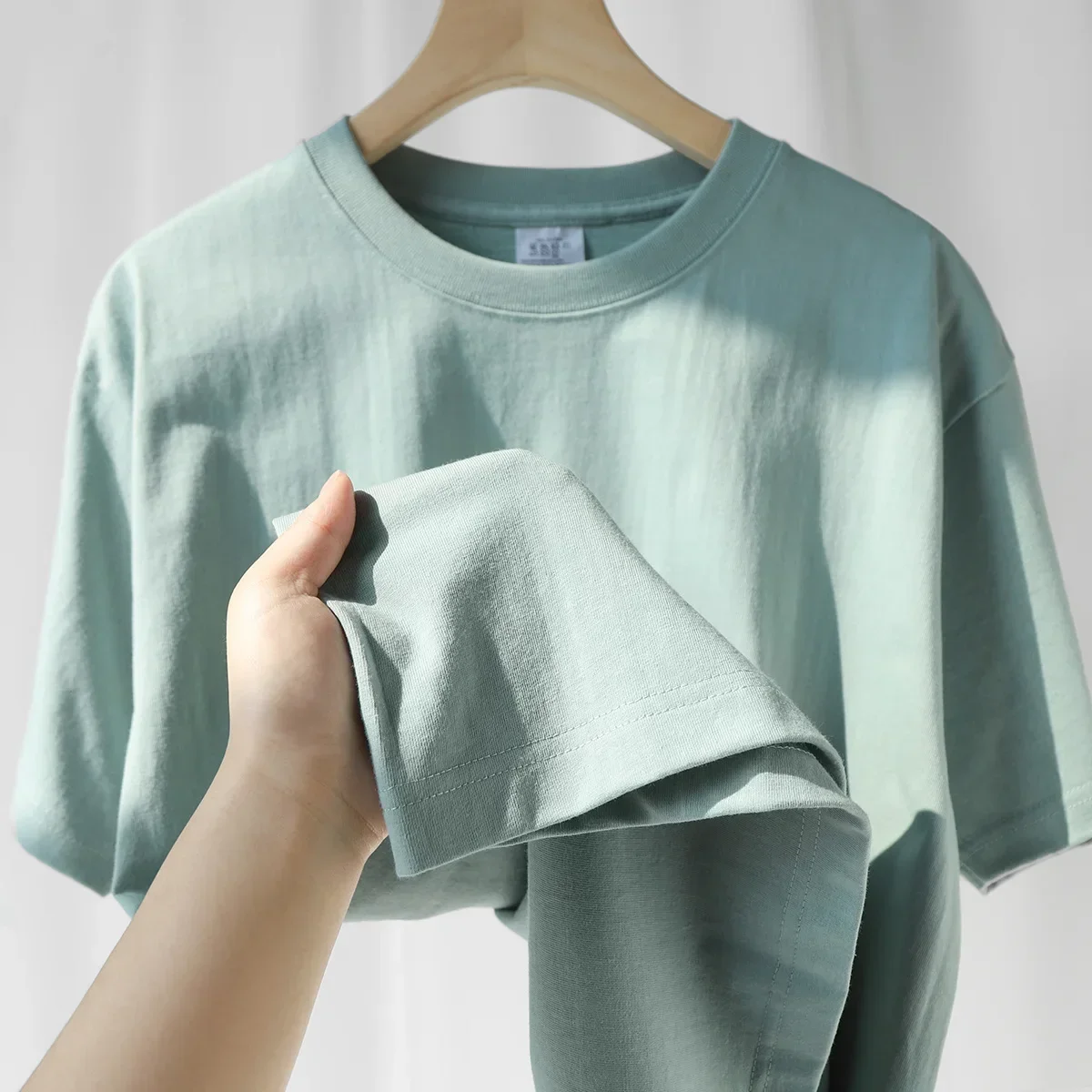 Summer Light Green Heavyweight Cotton Short Sleeve Loose Casual Tee