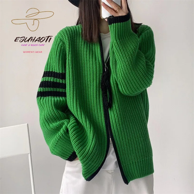 

Women's 2024 Contrast Stripe Knitted Cardigan Autumn Winter Stand-up Collar Zipper Sweater Cardigans Ladies Loose Knit Coat