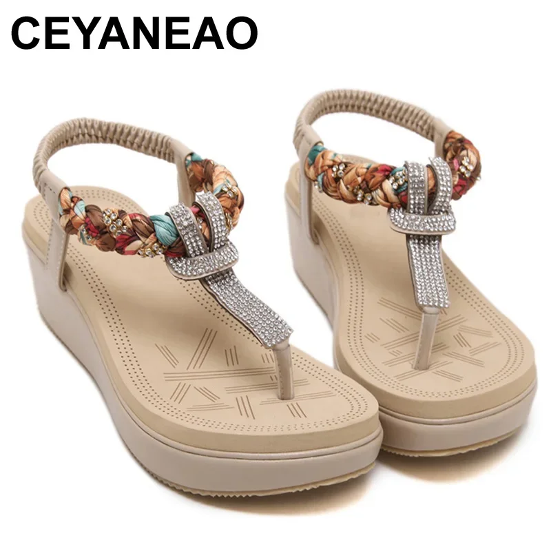 CEYANEAO Fashion Platform Sandals For Women Bohemia Beach Sandals Rhinestone T-Strap Women Shoes Woman Plus Size BZT704