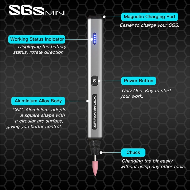 ARROWMAX Electric Engraving Polishing Pen (SGS Mini Plus) Cordless Tools Set for Carve Engrave Grind Sand Polish Home DIY 4