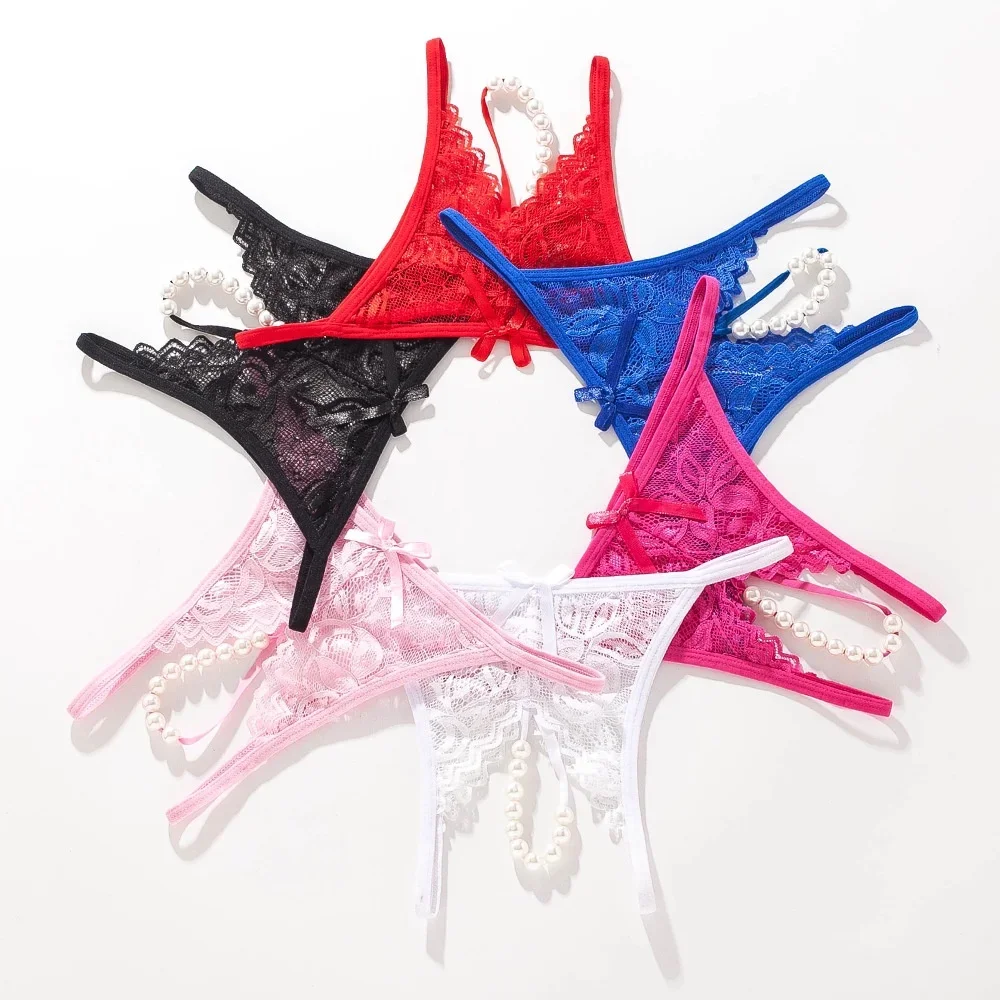 Women Lingerie Pearl Massage Thong Open Crotch Lace Transparent G String Underwear