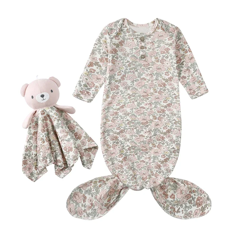 0-6M Baby Boys Girls Sleepsacks＋Bear Doll Soothing Towel Newborn Cartoon Print Sleep Sack Infant Warm Soft Cute Sleeping Bag