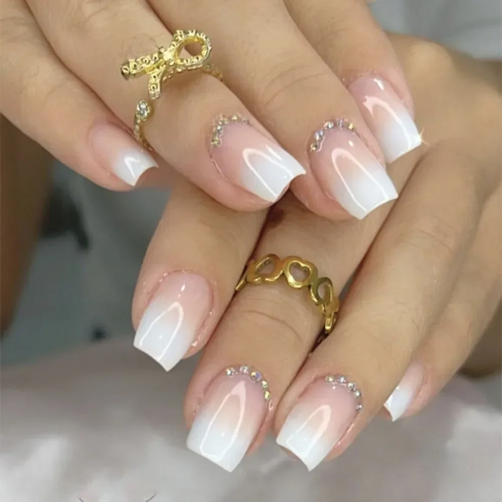 24PCS False Nail Full Cover Fake Nail Elegant Pink Gradient Glitter French Short Nails Coffin Short False Nail Press On Nails
