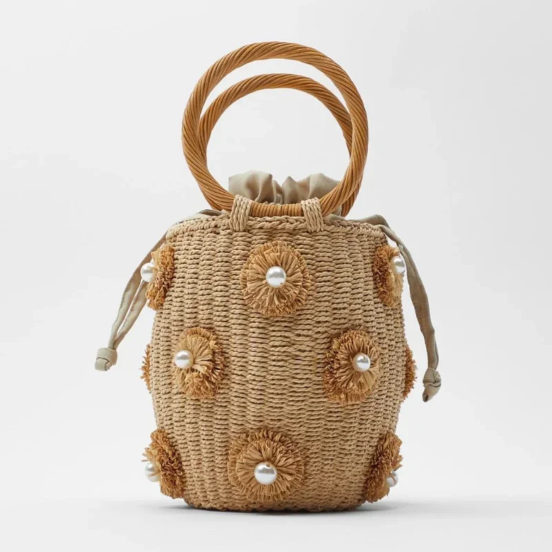 

Straw Woven New In Handbag Women Flower Pearl Embellished Fashion Chic Design Bucket Bag Elegant Exquisite Casual Female Bag