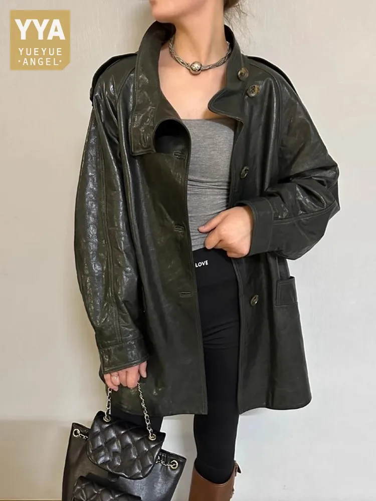 

Autumn Women Oil Wax Sheepskin Stand Collar Single Breasted Loose Fit Long Trench Coat Boyfriend Style Genuine Leather Jacket