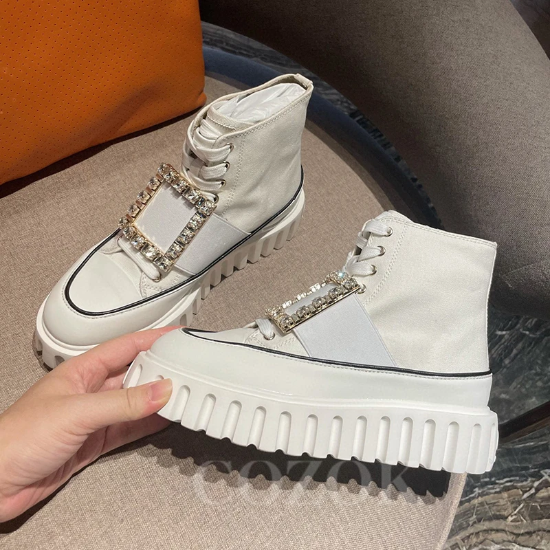 

High Top Loafers Ladies Autumn New Crystal Square Button Design Thick Bottom Sneakers Round Toe Platform Female Casual Shoes