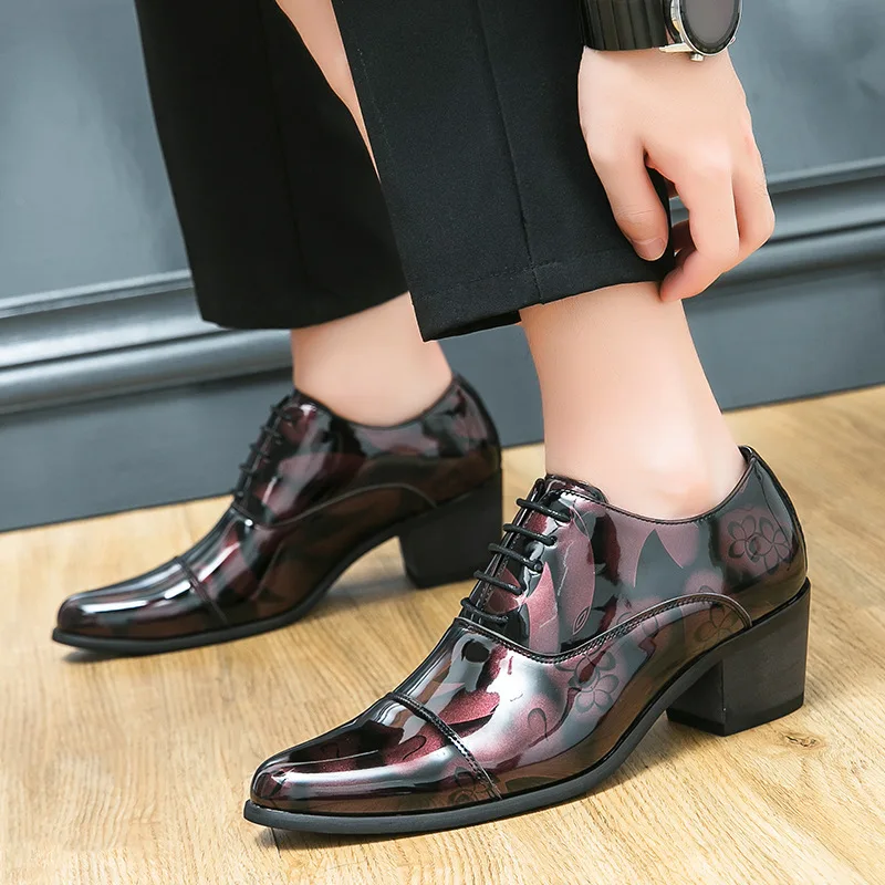 Men's High Heel Shoe Pointed Leather Dress Shoes for Men Fashion Height Increasing Party Prom Wedding Oxfords Zapatos De Hombre
