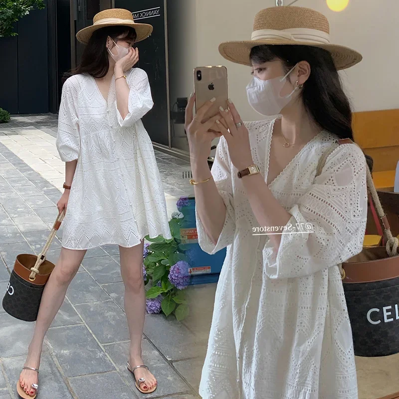 용수철 V-넥 할로우 아웃 레이스 셔츠, 출산 롱 루즈 의류, 백리스 임산부 블라우스, 화이트 셔츠, 여름 패션, 2024