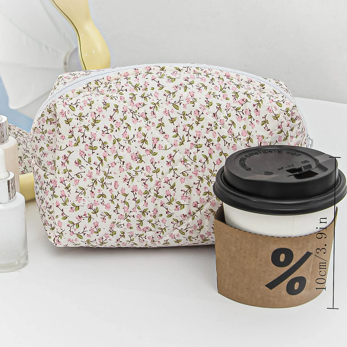 Quilted Floral Makeup Bag Zipper Cute Print Flower Storage Organizer Makeup Accessory Toiletry Bag Large Capacity Cosmetic Bag 3