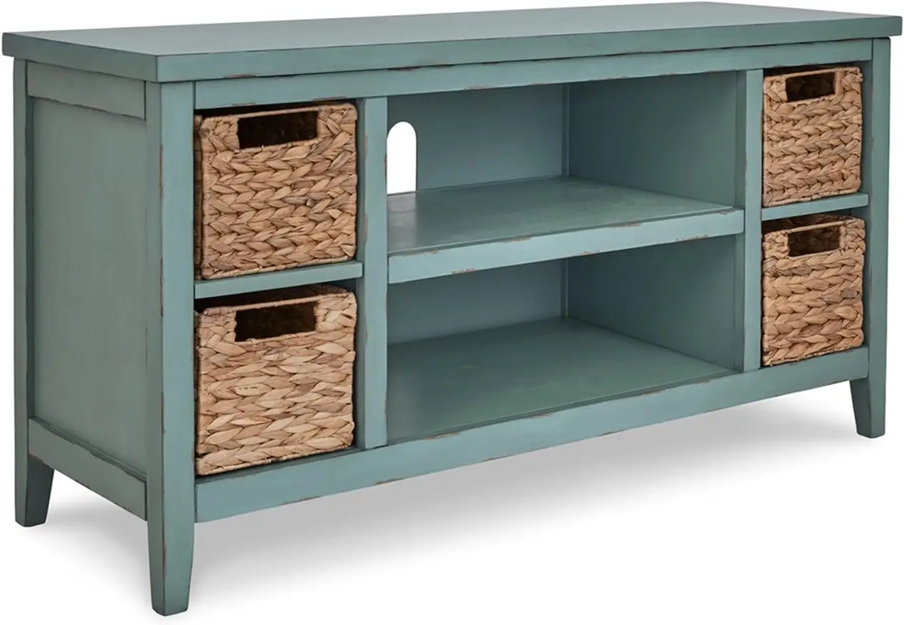 

Signature Design by Ashley Mirimyn Casual TV Stand for TVs up to 54" with 4 Baskets and 3 Adjustable Shelves,Green & Light Brown