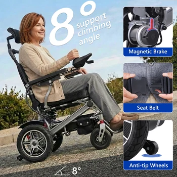 Sedia a rotelle elettrica pieghevole BROOBEY per adulti e anziani, leggera e portatile, capacità 150 kg, autonomia 21 km, motore per tutti i terreni