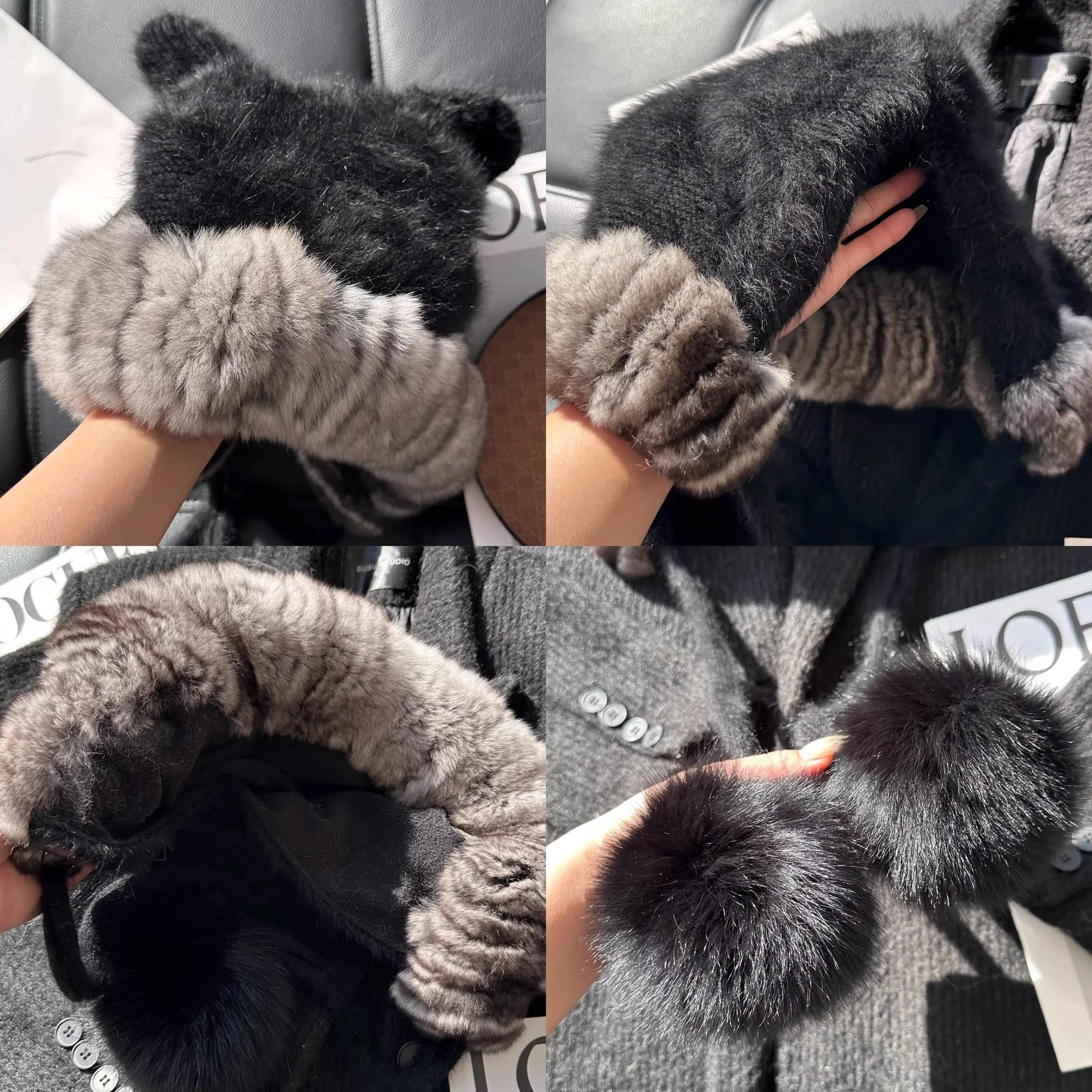Chinchilla-Farbe, echte Rex-Kaninchenfell-Bombermütze mit Fuchs-Pompom, dick gestrickt, warme Ohrabdeckung, Mütze, Katzen-Strickmütze aus Wolle – Detail 1