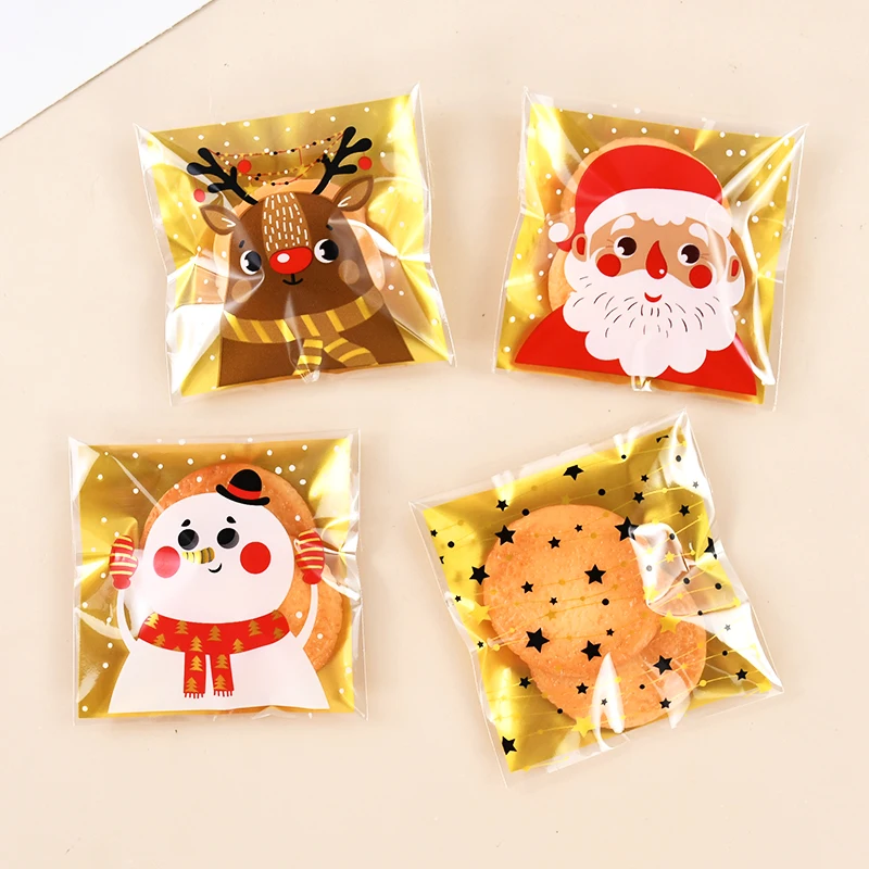 Christmas Candy Bags Santa Claus Snowman Elk Cookie Gift Plastic Packaging Bags 100pcs