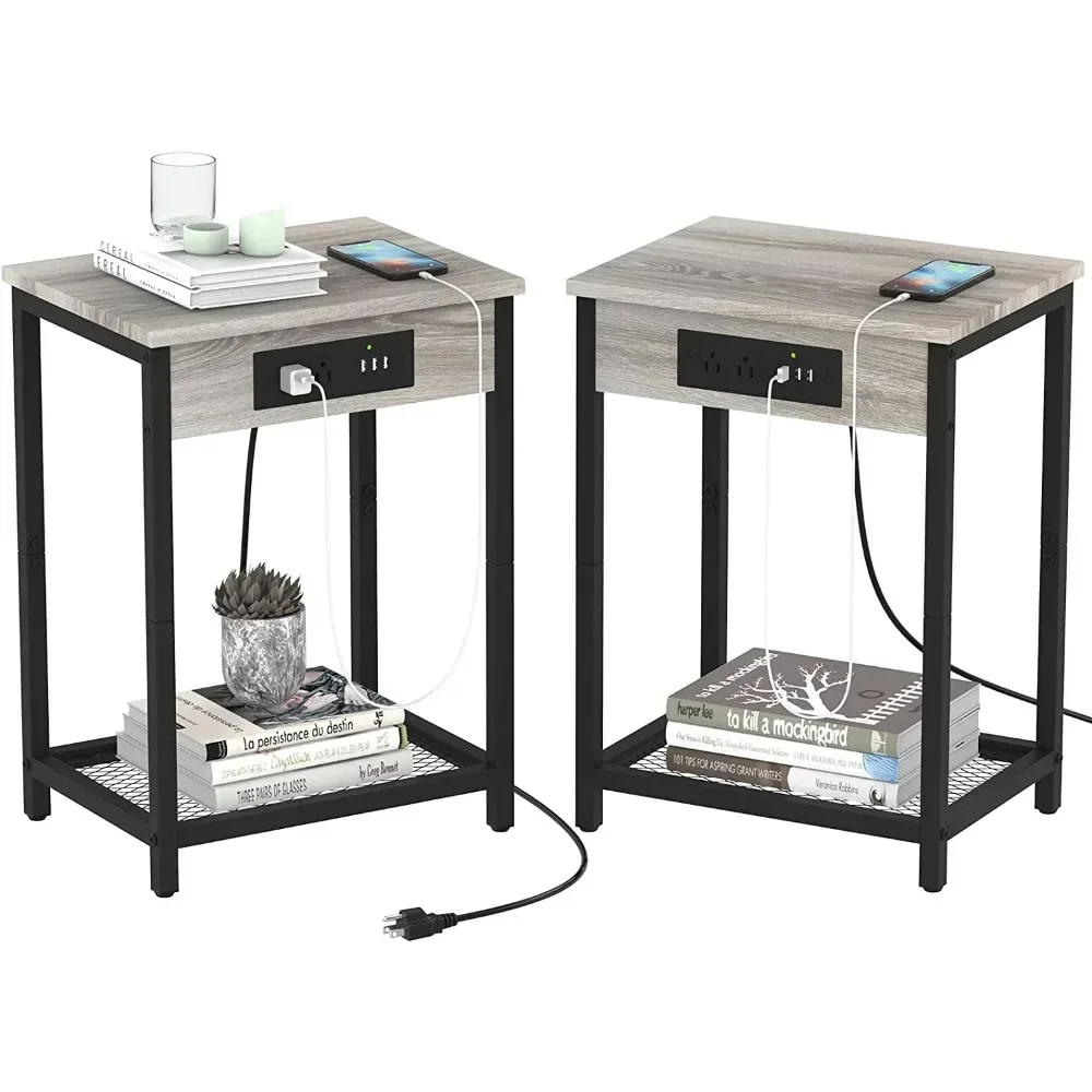 

Nightstand End Table with Charging Station Gray, Set of 2