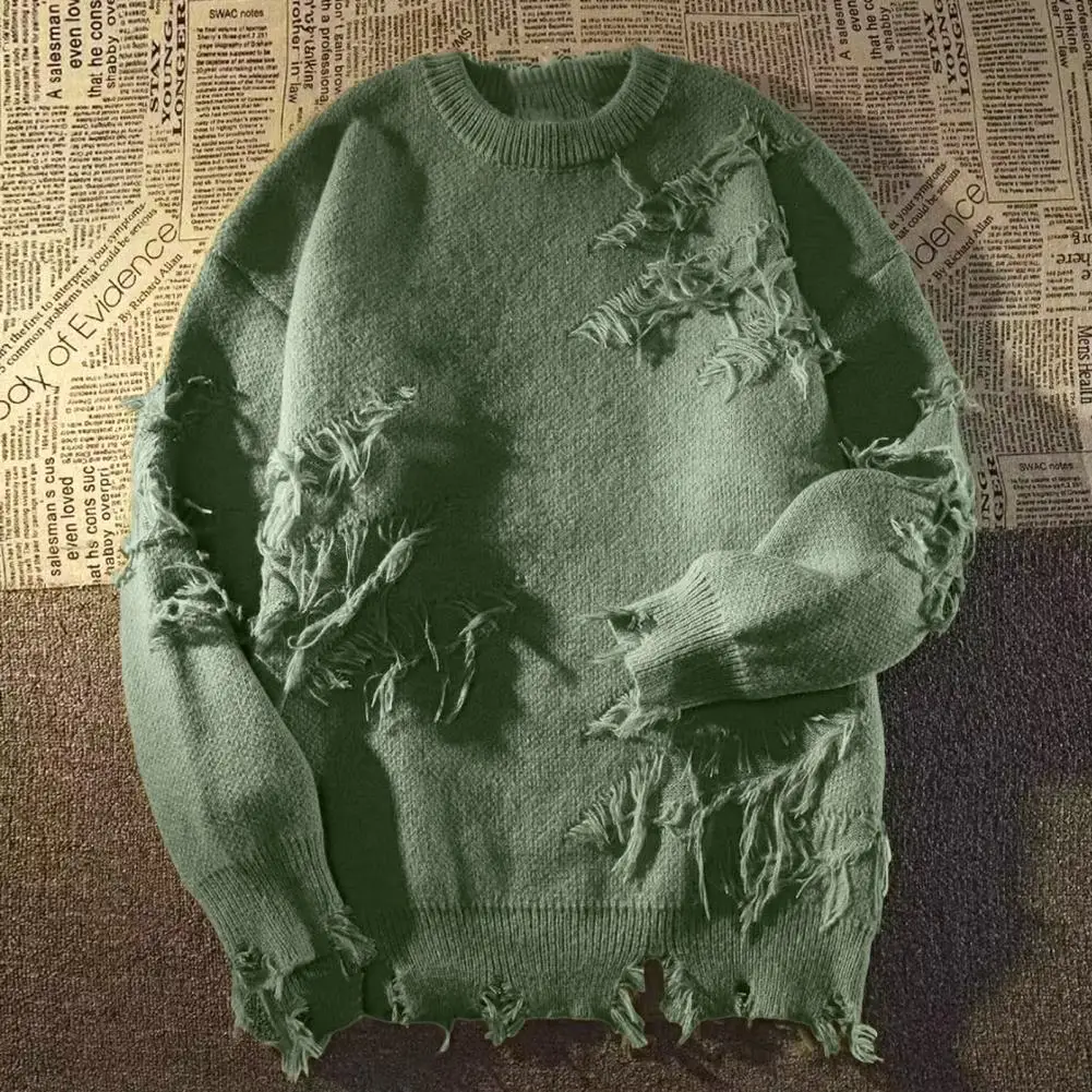 

Lightweight Men Sweater Vintage Hip Hop Sweater Men's Thick Knitted Pullover with Ripped Details Warm Elastic for Fall Winter