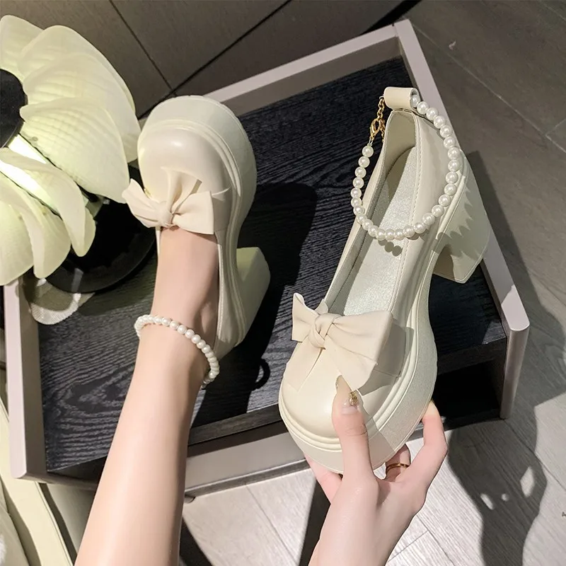 

Bows Lolita Shoes Women Japanese Style Mary Jane Shoes Women Vintage Shallow High Heels Chunky Platform Shoes Cosplay Female