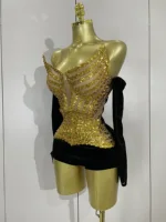 Women Shiny Golden Sequins Sexy Strapless Bodysuit With Gloves Celebrity Elegant Evening Party Birthday Dresses Stage Costume - Image 2