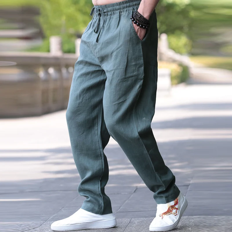 Breathable Male Cotton Linen Trouser 2024 Fashion Tie-up Elastic Waist Baggy Pants Men's Casual Solid Pocket Style Sweatpants