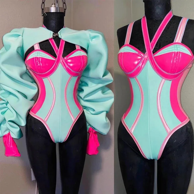 Bodysuit Bubble Sleeve Top Drag Queen Dance Costume Nightclub Bar Women Singer Performance Rave Outfit Pink Green Splicing Color