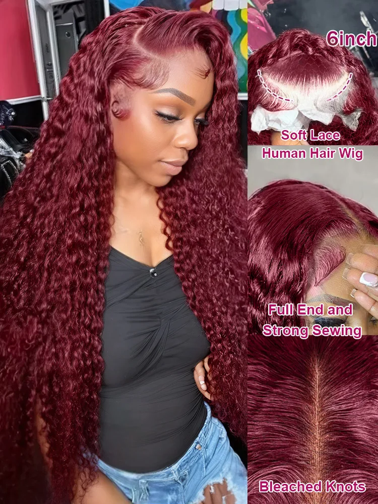 Lace Front Wig 99J Burgundy 30 40 Inch Deep Wave 13x6 Curly Lace Front Wig Red Wine Water Wave 13x4 HD Transparent Lace Frontal Human Hair Wigs