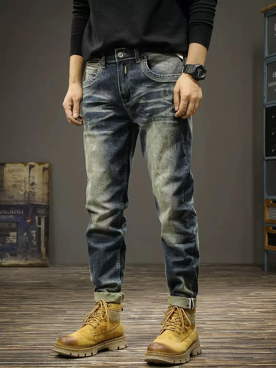 Newly Designer Fashion Men Jeans Retro Blue Stretch Slim Fit Ripped Jeans Men Elastic Trousers Vintage Casual Denim Pants Hombre