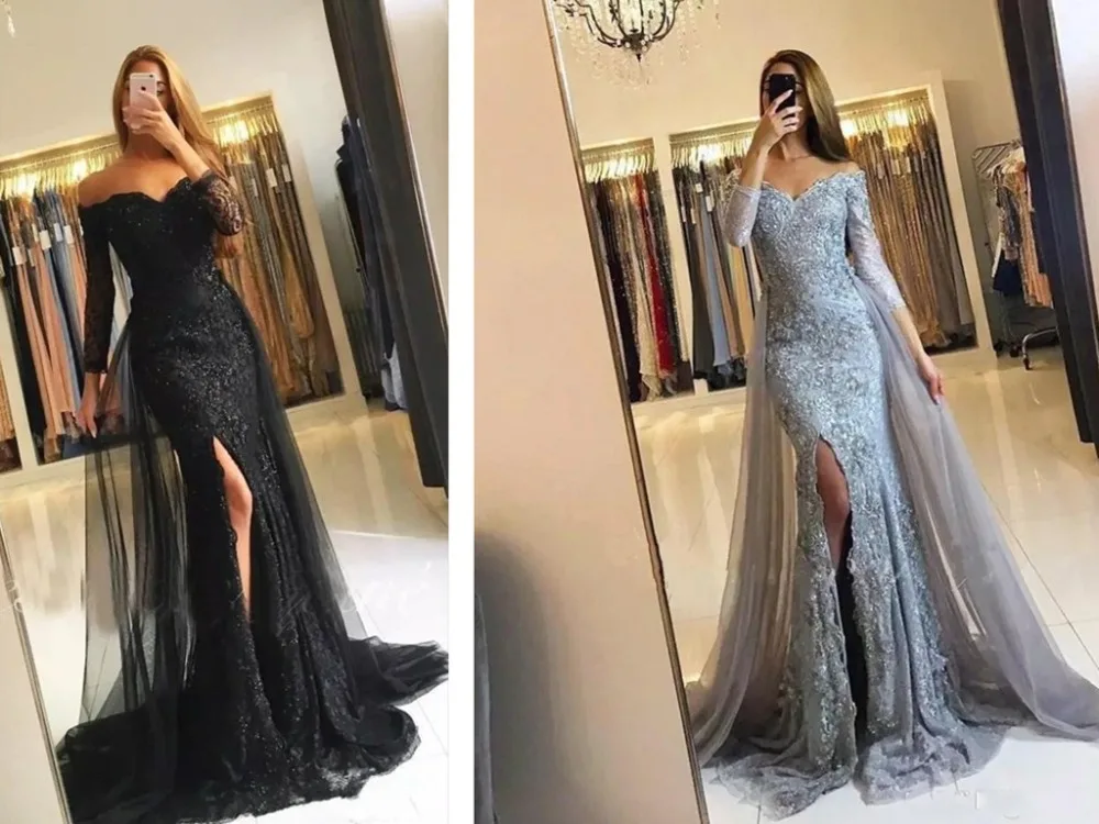 

Modest Appliqued Lace Evening Dresses Off The Shoulder Tulle Corset Lace Up Evening Gowns Party Dress Mermaid Full Sleeves 2019