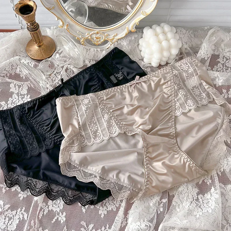 French Retro High-rise Underwear High Quality Ice Silk Panties Women Seamless Briefs Female Underpant Comfy Ultra-thin 반바지