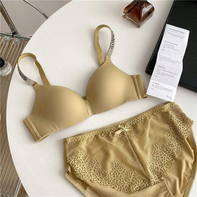 Hot Sale Sexy Letter Rhinestone Strap Bra Set Seamless Thin Summer Light Push Up Anti Sagging Comfortable Women Lingerie Set_voghion.com