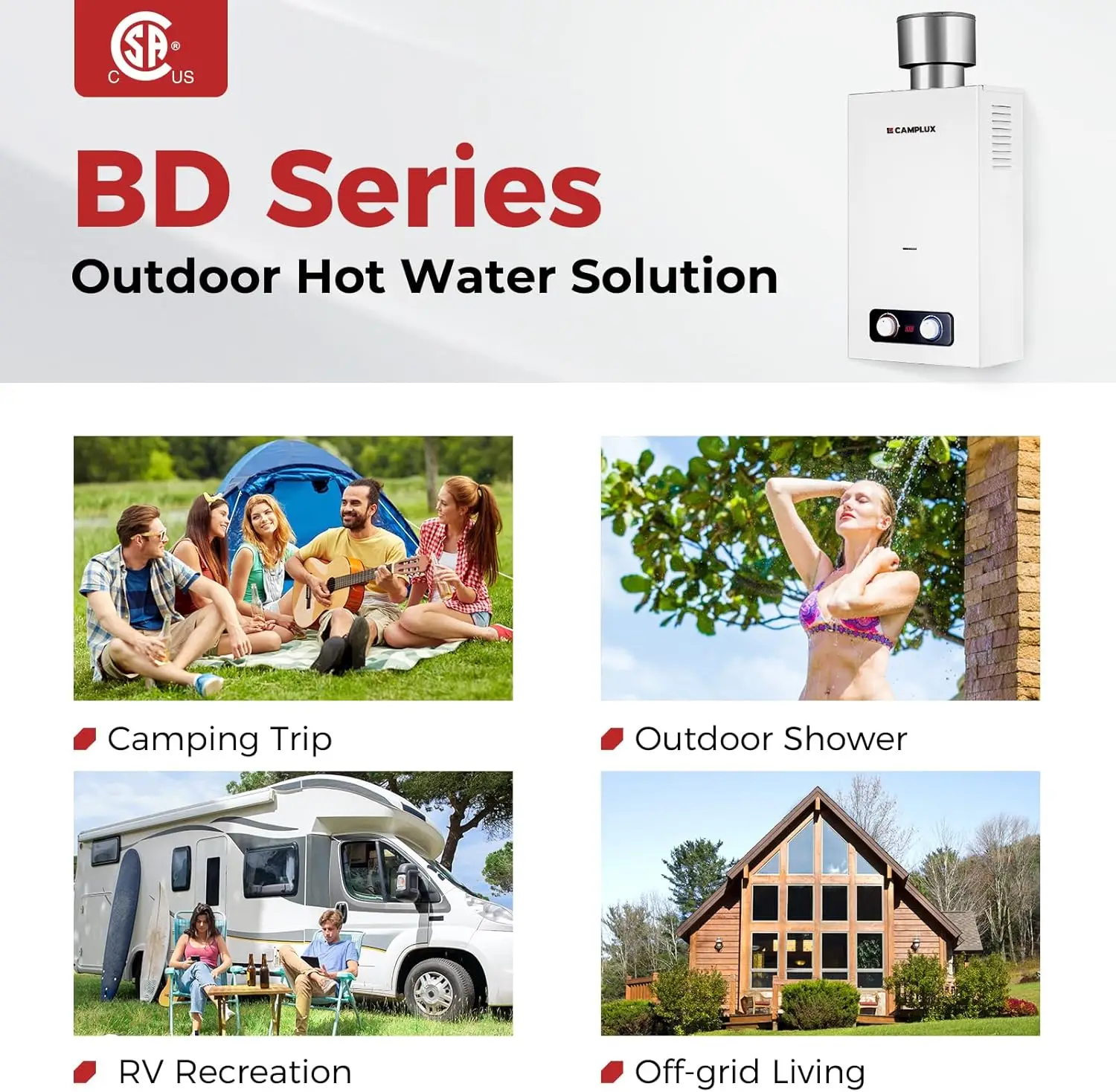 Tankless Water Heater 2.64 GPM Outdoor Propane Water Heater with 4.33" S/S Rain Cap for Propane Shower Camping Trip