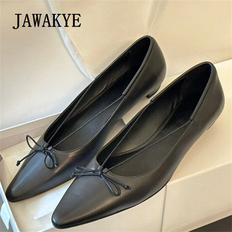 

2023 Summer Pointed Toe Bowknot Flat Shoes Women Brand Genuine Leather Office Lady Loafers Shoes Formal Career Work Shoes Female