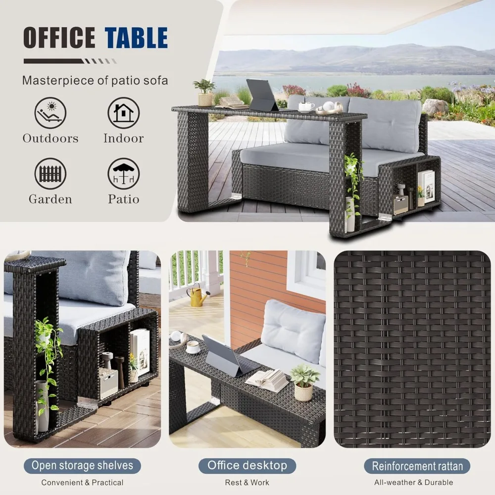 Patio Wicker Sofa with Foldable Long Table, Outdoor Rattan Couch Furniture Steel Frame with Deep Seat High Back and Grey Cushion 6