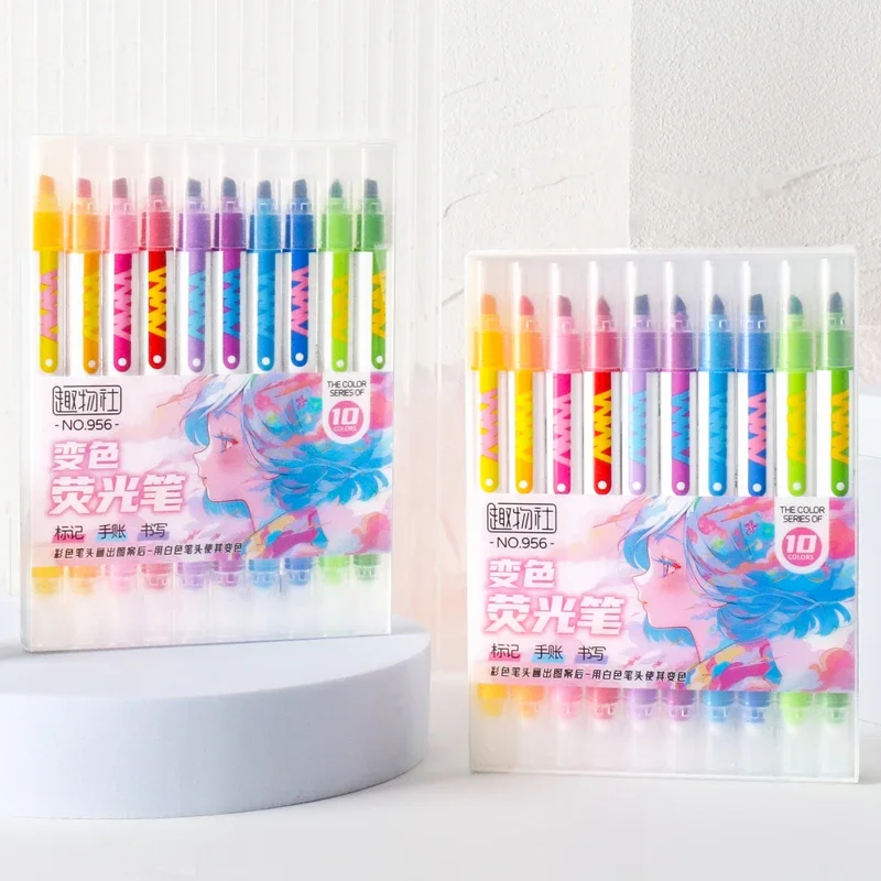 Double-ended Magic Color Changing Highlighter Pen Set 10pcs Student Diary Scrapbook Painting DIY Office Stationery