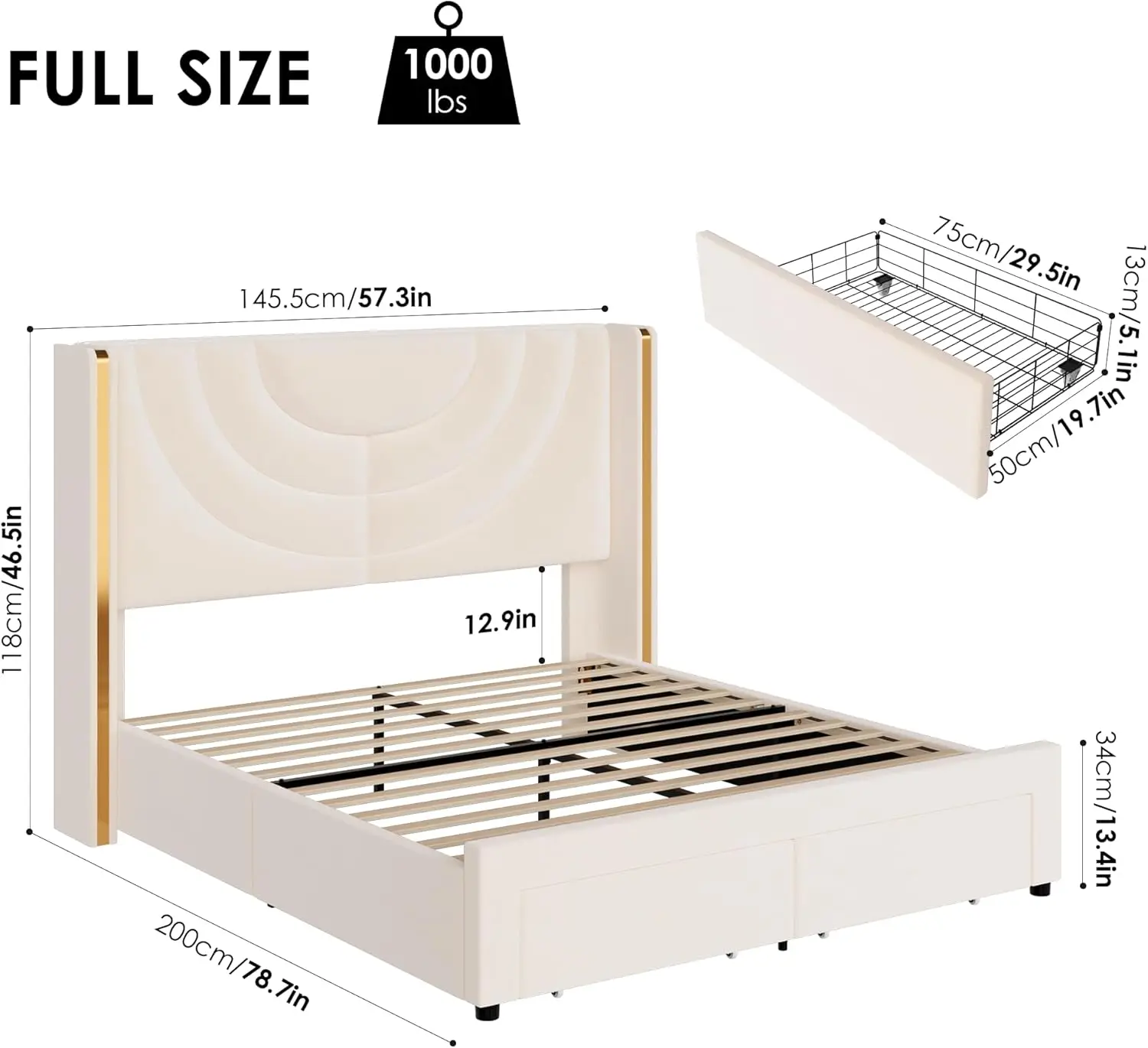 Full Upholstered LED Bed Frame with 2 Storage Drawers, Velvet Platform Bed with Wingback Headboard, Solid Wooden Slats Support 2