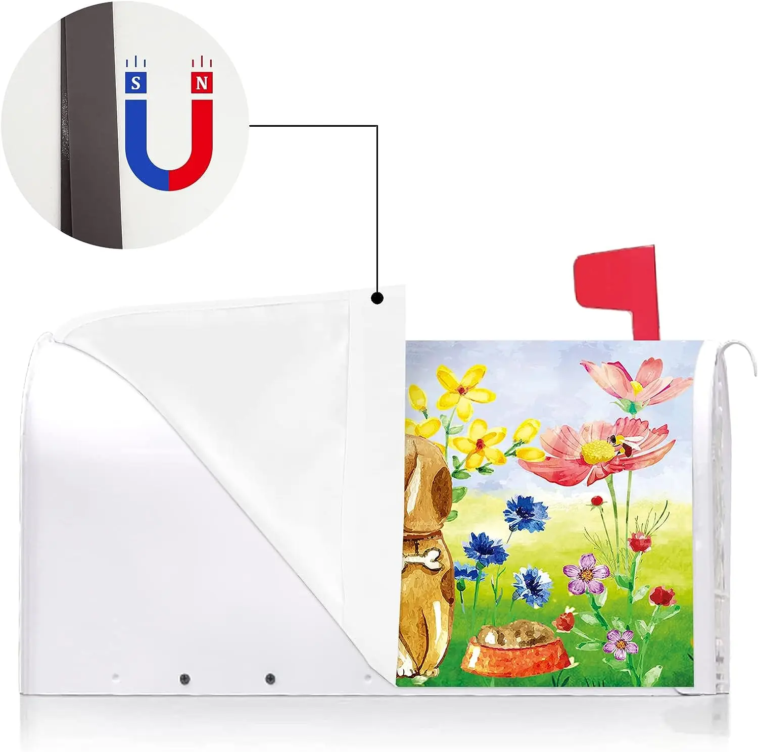 Cute Dog Puppy Floral Decoration Mailbox Cover with Magnetic Strip Spring Summer Mailbox Wraps Post Letter Box Cover Standard