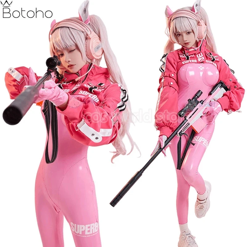 

Game NIKKE Alice Cosplay Costume Headset Wig Women Sexy Pink jumpsuit Jacket Set Bodysuit Latex Catsuit Halloween Party Clothes