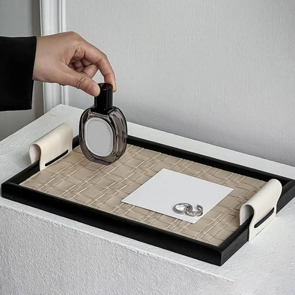 Black/Beige Woven Leather Storage Tray Handmade Rectangle Leather Wooden Tray with Handle Cake Fruit Dessert Tray Water Cup 3