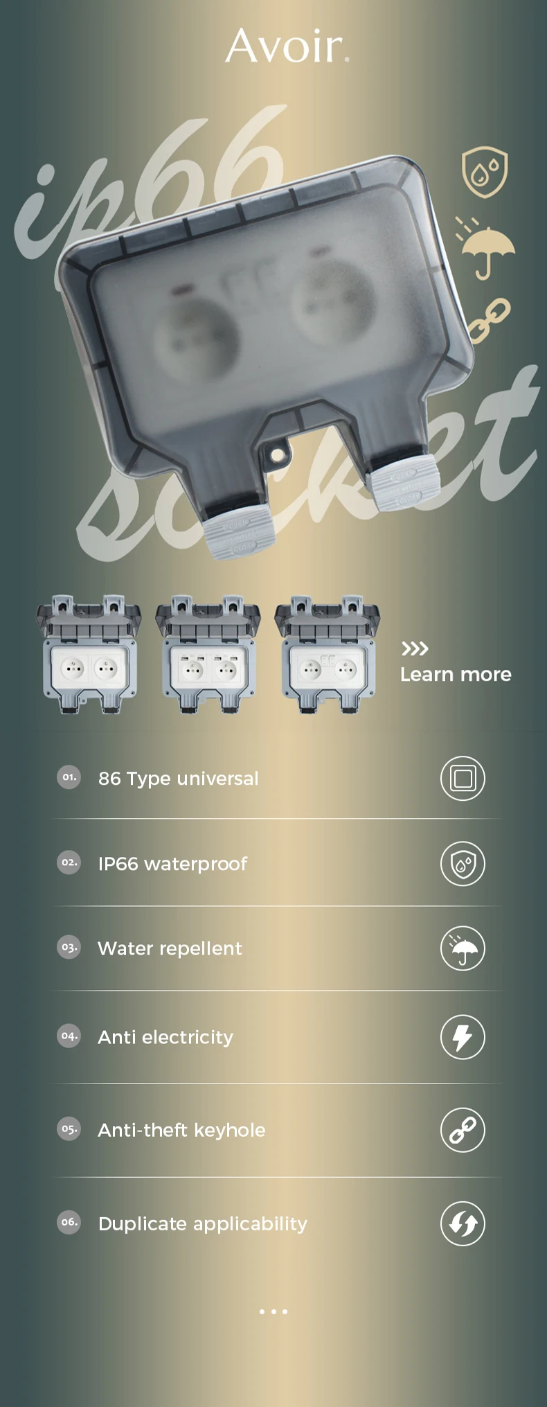 Description Picture 2 of itemAvoir IP66 Waterproof Dustproof Power Socket 146 Type Dual French Standard Plugs Outdoor Electrical Outlet With Usb Charger Port