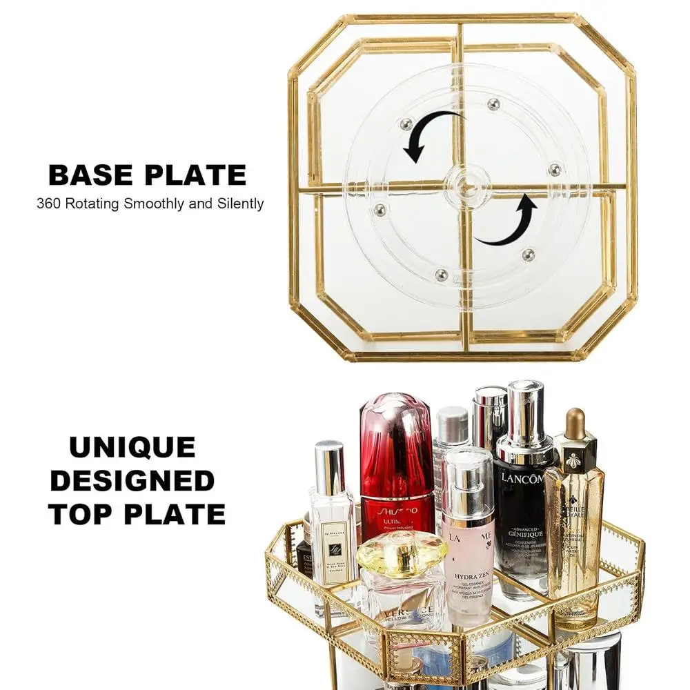 360 Degree Rotating Glass Makeup Organizer Large Cosmetic Storage Display Holder with Adjustable Compartments and Elegant Gold 5