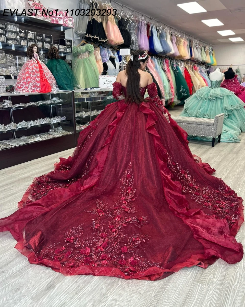 Quinceanera Dress Burgundy Shiny Ball Gown Floral Applique Beading Tiered Sweet 16 E1Q225