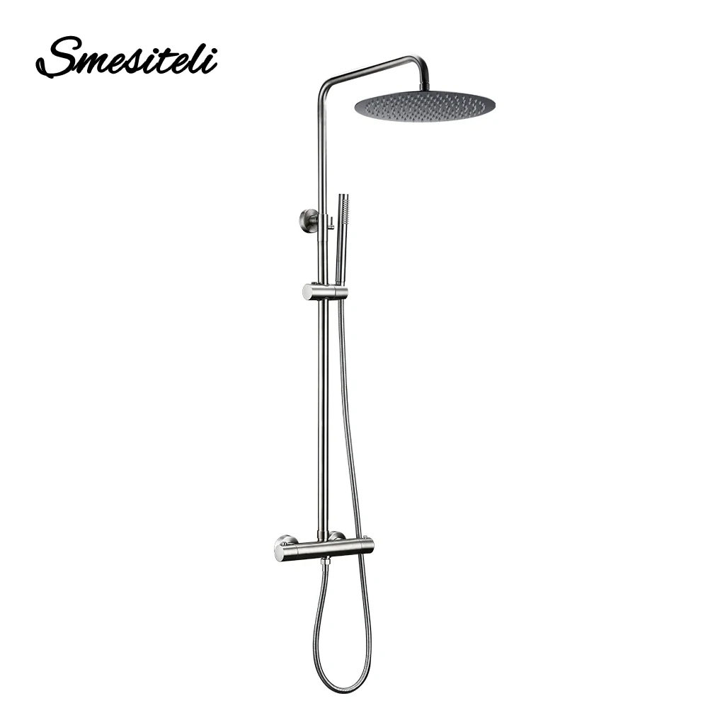 

Brushed Nickel Thermostatic Shower Faucets Sets Wall Mount Brass Bathroom Mixer Rainshower Faucet Rainfall Shower Systems Thermo