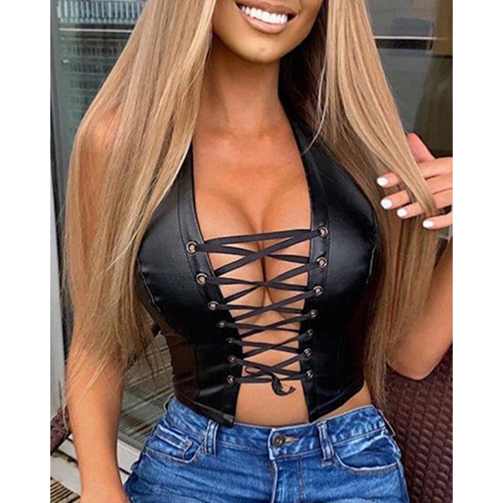 

Sexy Women's Pu Leather Eyelet Lace-up Backless Halter Tank Top Summer Fashion Sexy Bandage Black Tee Cami Top 2024