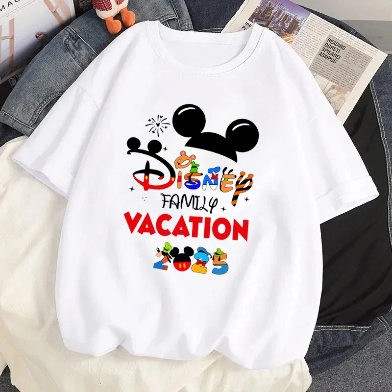 Cartoon Family Vacation 2025 Printed T Shirt Women Kawaii Tees Harajuku 90s Funny Mickey Minnie T-shirt Female Clothing Tops Y2k 2